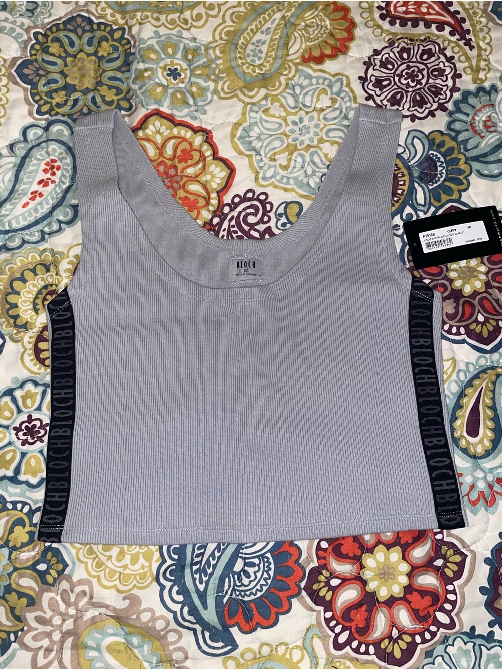 NWT Bloch Gray Ribbed Crop Tank Logo Side Panels Medium